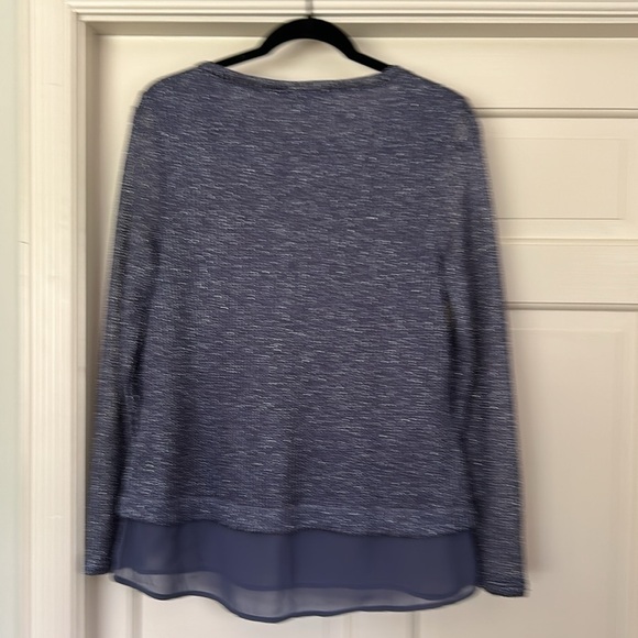 Metallic Blue Silver Knit Crewneck Sweater Medium Dressy Layered Hem - Picture 5 of 8